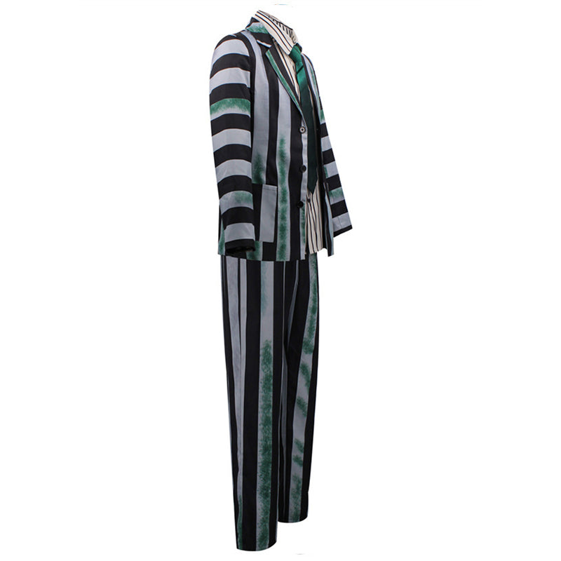 Beetlejuice Gray Green and Black Striped Suit Halloween Party Cosplay Costume - Image 4
