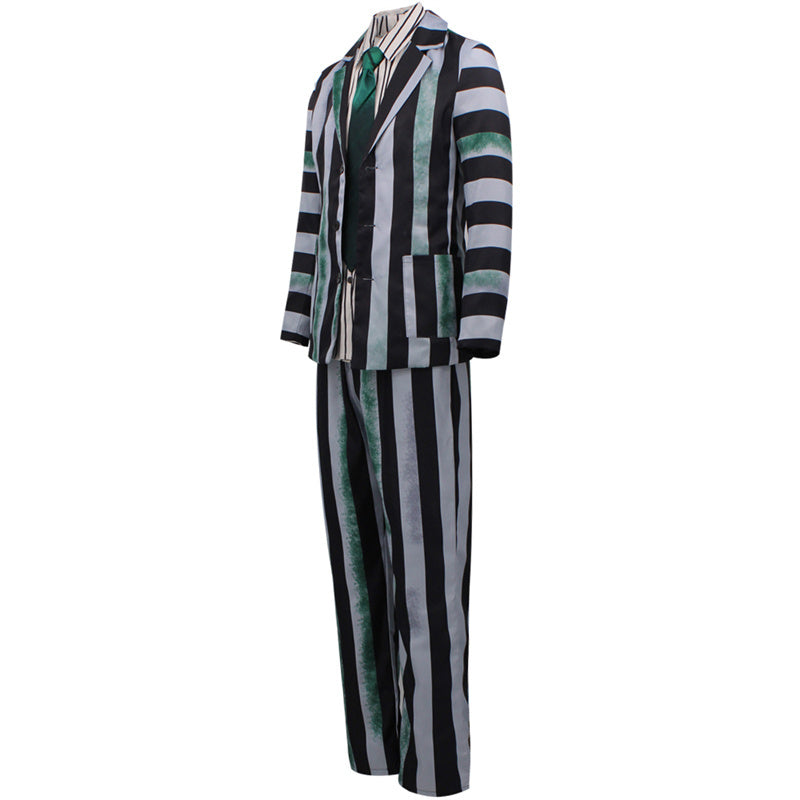 Beetlejuice Gray Green and Black Striped Suit Halloween Party Cosplay Costume - Image 5