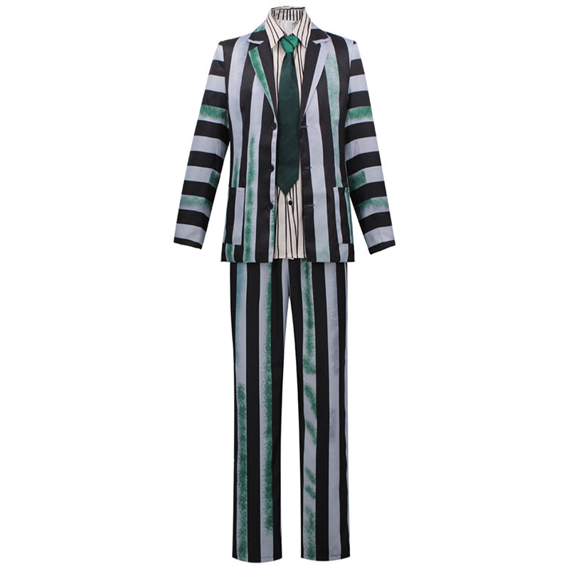 Beetlejuice Gray Green and Black Striped Suit Halloween Party Cosplay Costume - Image 2