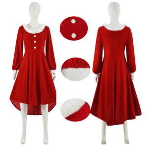 Women Christmas Dress Faux Warm Dress Long Sleeves Round Collar Red Dress