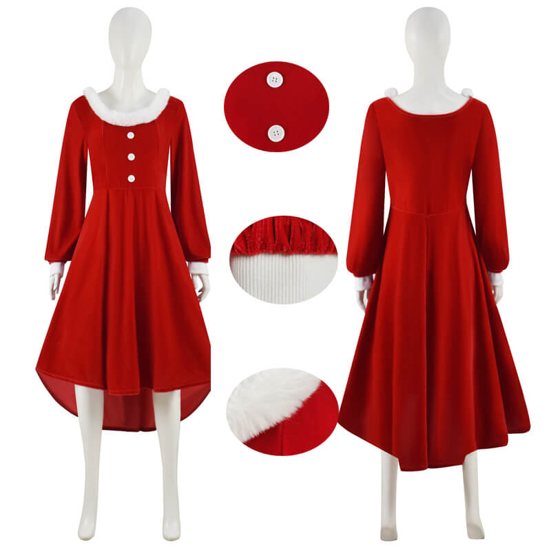 Women Christmas Dress Faux Warm Dress Long Sleeves Round Collar Red Dress