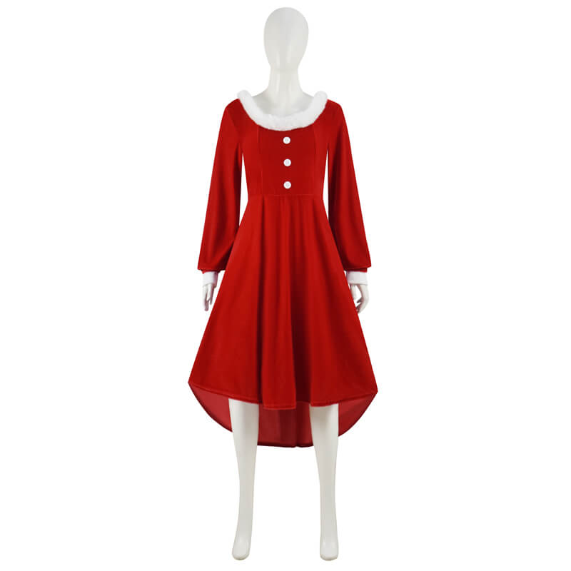 Women Christmas Dress Faux Warm Dress Long Sleeves Round Collar Red Dress - Image 2