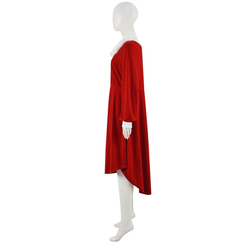 Women Christmas Dress Faux Warm Dress Long Sleeves Round Collar Red Dress - Image 4