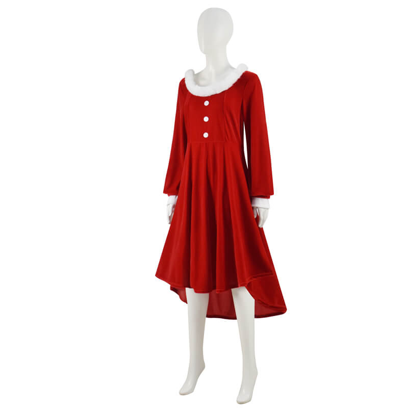 Women Christmas Dress Faux Warm Dress Long Sleeves Round Collar Red Dress - Image 3