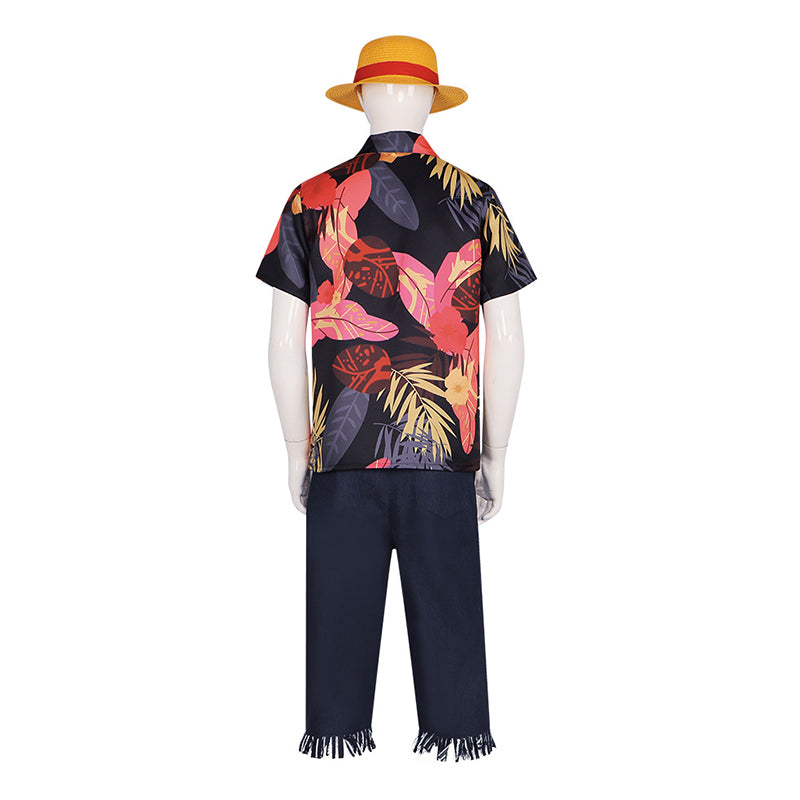 One piece Luffy Cosplay Costume 2023 Luffy Flower Hawaii Shirt Outfit Halloween Suit - Image 3
