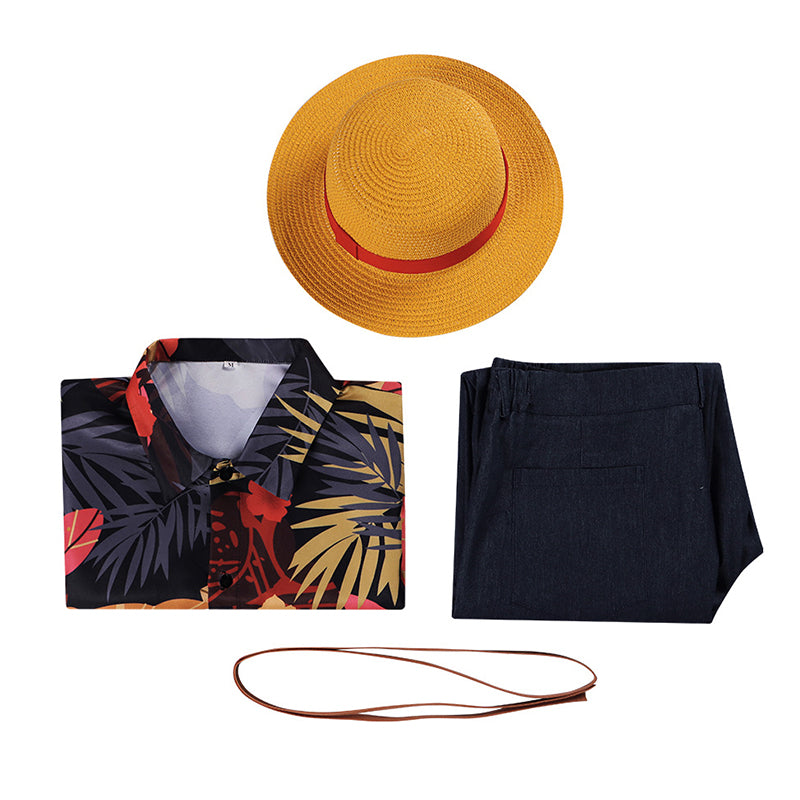 One piece Luffy Cosplay Costume 2023 Luffy Flower Hawaii Shirt Outfit Halloween Suit - Image 6