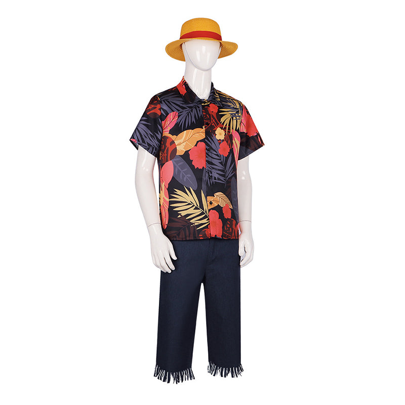 One piece Luffy Cosplay Costume 2023 Luffy Flower Hawaii Shirt Outfit Halloween Suit - Image 4