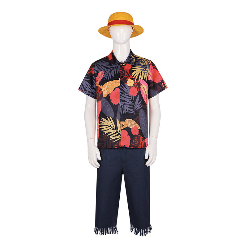 One piece Luffy Cosplay Costume 2023 Luffy Flower Hawaii Shirt Outfit Halloween Suit - Image 5