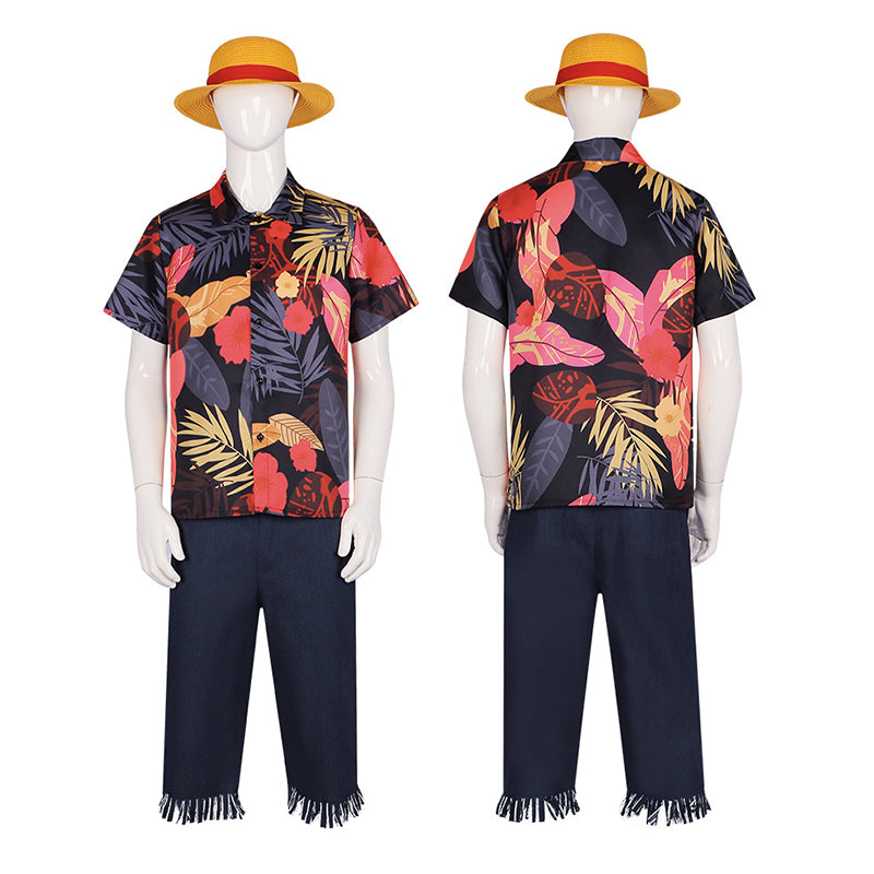 One piece Luffy Cosplay Costume 2023 Luffy Flower Hawaii Shirt Outfit Halloween Suit - Image 2