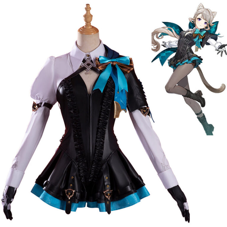 Lynette costume with a turquoise chest bow in the HEROCOS product photograph