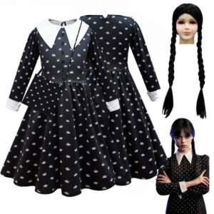 Girls Wednesday Addams Dress Wednesday Cosplay Wig Kids Wednesday Dress with Bag