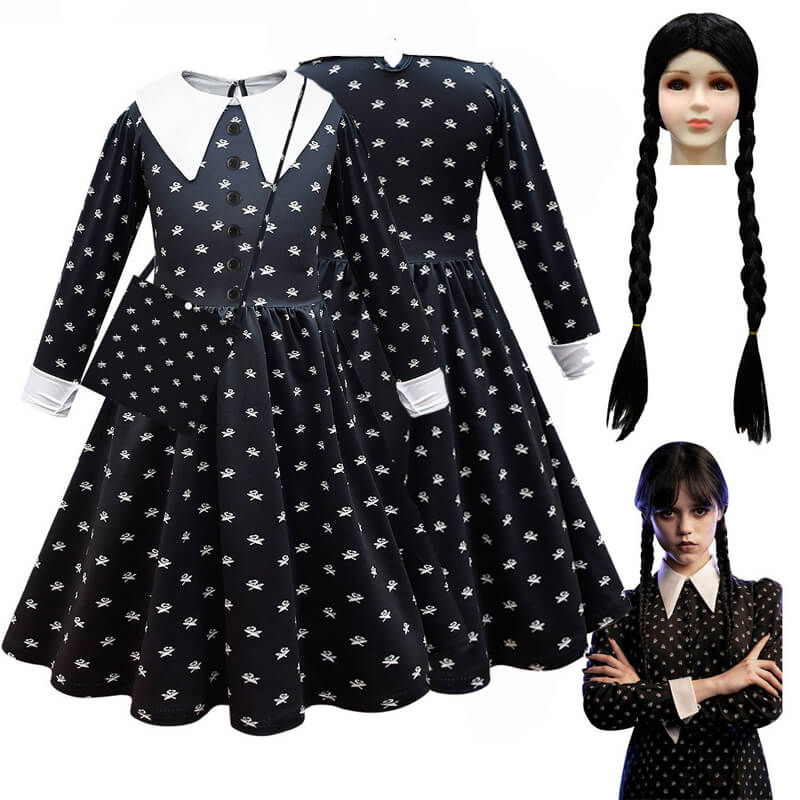 Girls Wednesday Addams Dress Wednesday Cosplay Wig Kids Wednesday Dress with Bag