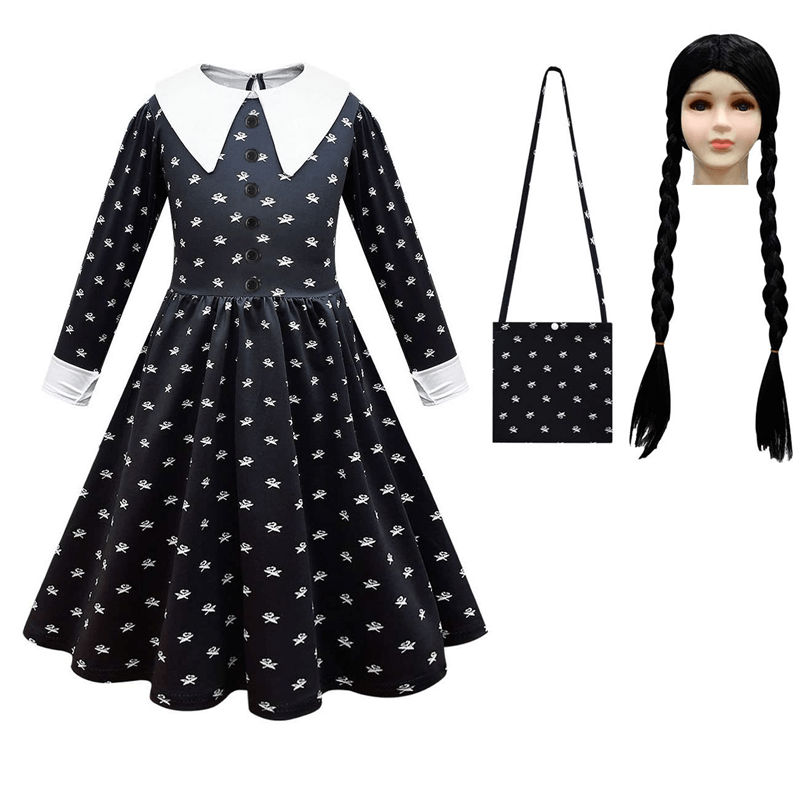 Girls Wednesday Addams Dress Wednesday Cosplay Wig Kids Wednesday Dress with Bag - Image 4