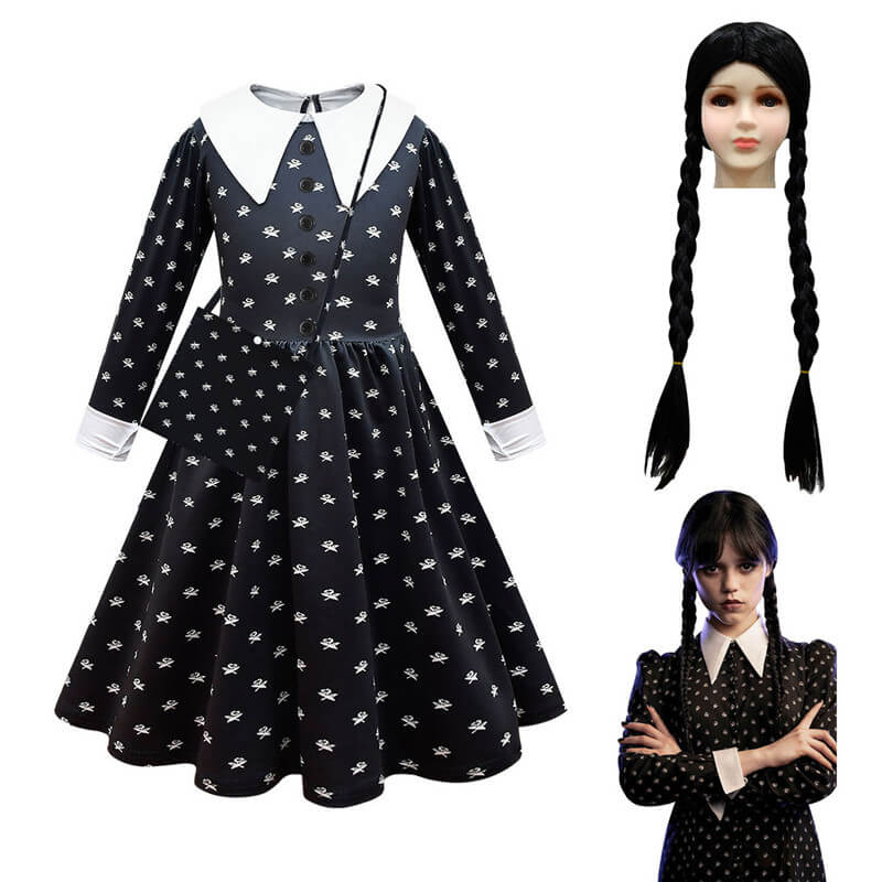 Girls Wednesday Addams Dress Wednesday Cosplay Wig Kids Wednesday Dress with Bag - Image 5