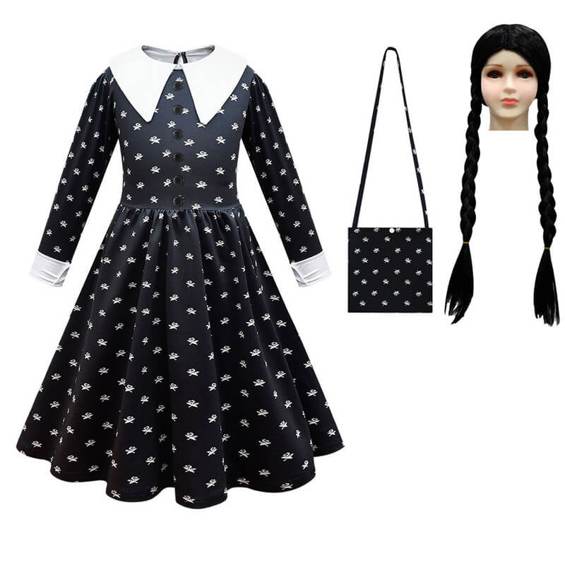 Girls Wednesday Addams Dress Wednesday Cosplay Wig Kids Wednesday Dress with Bag - Image 6