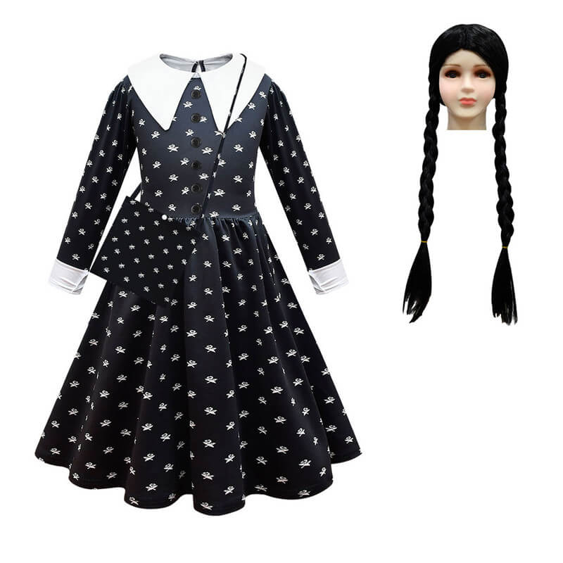 Girls Wednesday Addams Dress Wednesday Cosplay Wig Kids Wednesday Dress with Bag - Image 8